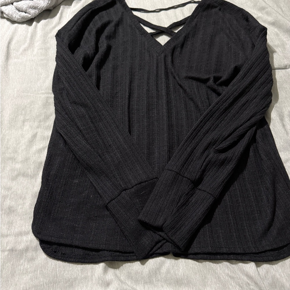 Black Crisscross V-Neck Long Sleeve Top
